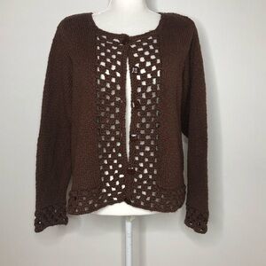 Design Options brown round neck cardigan crocheted front cotton sweater size XL
